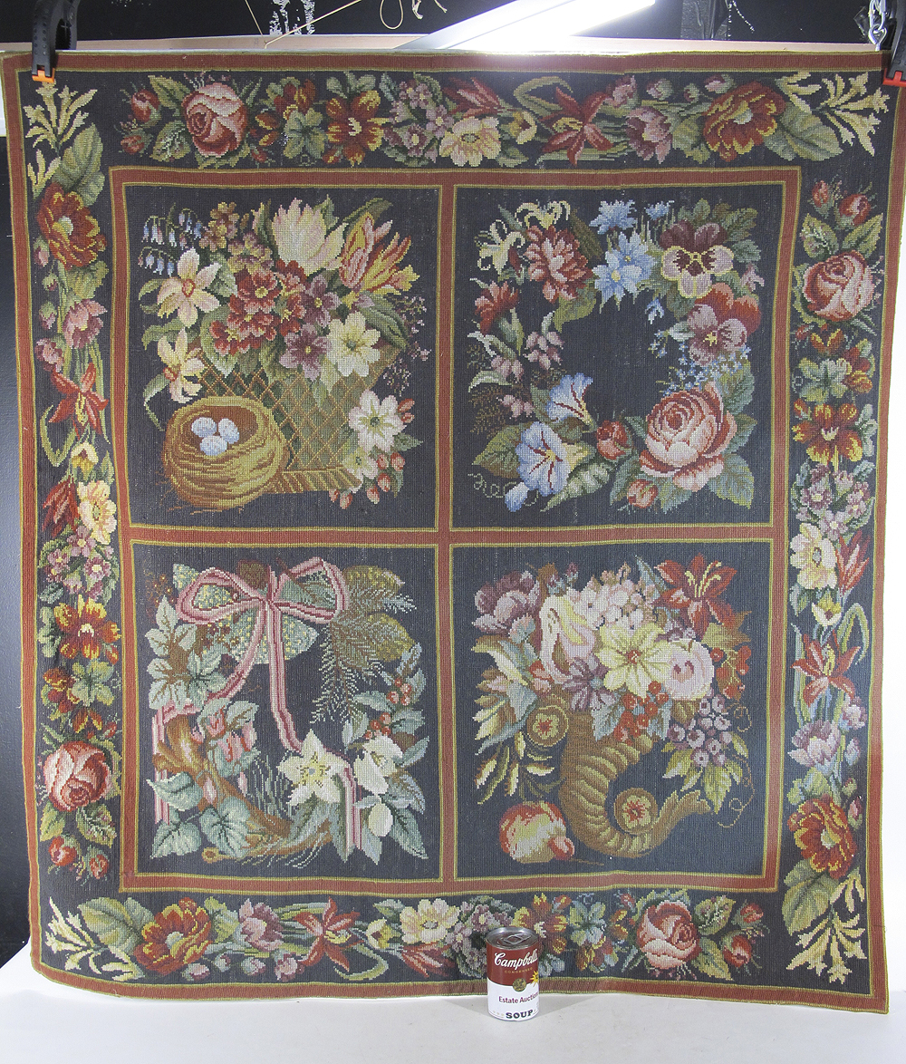 Antique English Victorian Floral Needlepoint 4 Panel Tapestry Rug 48