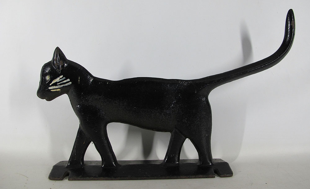 Antique Early 1900's Black Cat Cast Iron Mountable Door Stop Boot