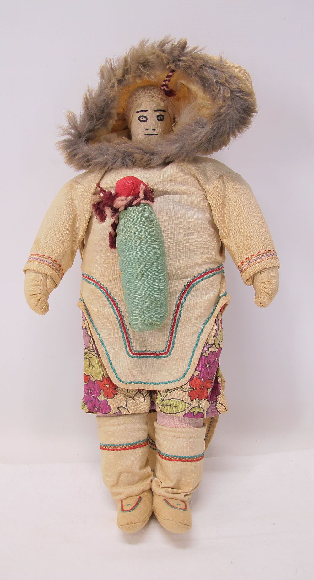 Antique 19th c Handmade Greenland Eskimo Inuit Cloth Doll w/ Baby Folk